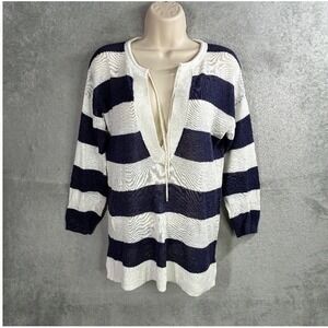 LOFT Striped Linen Cotton Sweater Top Medium Coastal Nautical Resort Preppy
